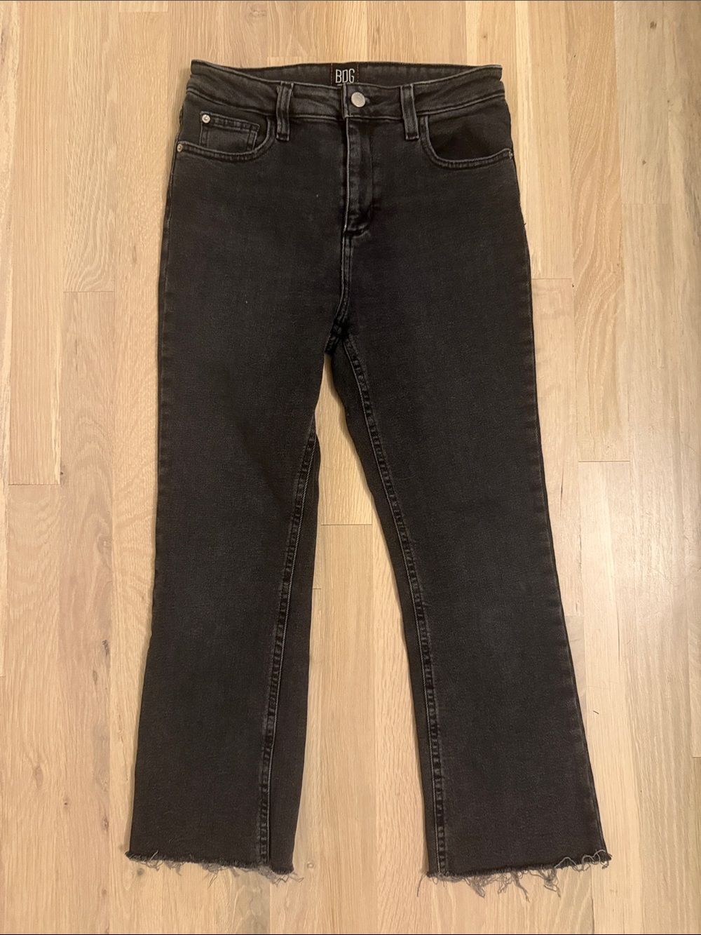 BDG kick flare high rise cropped black raw hem jeans